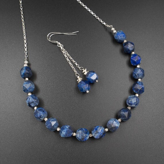 Lapis Lazuli Chunky Natural Gemstone Beaded Necklace and Earrings
