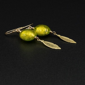 Murano lime green gold leaf Venetian glass earrings, genuine Venetian Murano glass and vermeil gold green jewelry