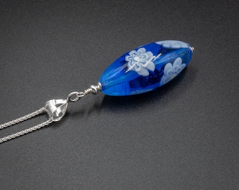 Murano Millefiori sapphire blue glass pendant necklace, Venetian Murano glass sterling silver blue flower pendant  Venetian glass jewelry R
