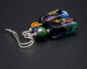 Murano glass black multi colour Millefiori earrings,  genuine Venetian Murano glass and sterling silver vintage murano Millefiori earrings
