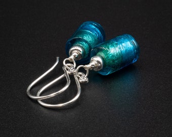 Murano glass blue aqua silver earrings, genuine Venetian Murano glass sterling silver blue Murano jewelry R