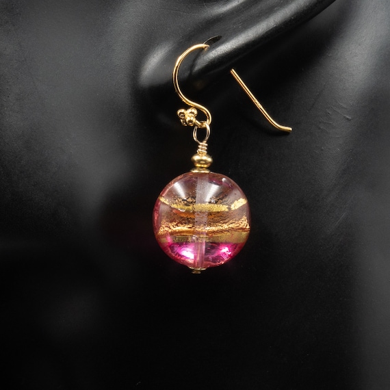Boucles D'oreilles Pendantes Artisanales – Perles Ovales En Verre De Murano – Rose Pâle – Or Rose