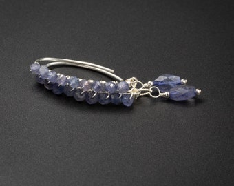 Iolite drop earrings, Iolite sterling silver long drop gemstone earrings blue silver iolite jewelry