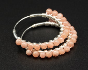 Pink rhodochrosite hoop earrings, pink sterling silver gemstone handmade hoops, rhodochrosite sterling silver jewelry, pink silver jewelry