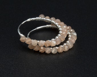 Peach Moonstone sterling silver  gemstone hoop earrings : Cancer gift