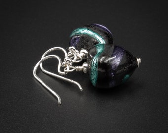 Murano glass black purple earrings, genuine Venetian Murano glass sterling silver earrings, black green purple silver jewelry