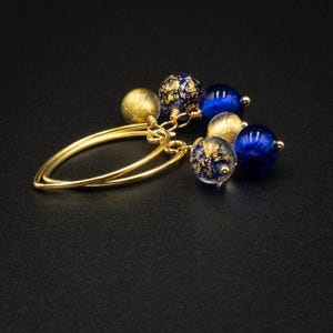 Murano cobalt blue and vermeil gold triple drop Venetian glass handmade earrings
