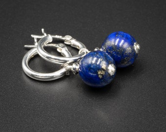 Lapis lazuli and sterling silver dangle hoop earrings , blue gemstone jewelry, blue silver hoops, Sagittarius jewelry