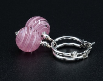 Murano glass pink silver earrings,  Bridal jewelry, pink silver hoop earrings, pink silver venetian glass jewelry