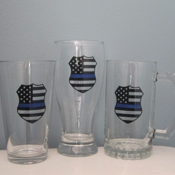 Personalized Thin Blue Line, American Flag Badge, Police Glass, Cop Beer Mug, Pint Glass