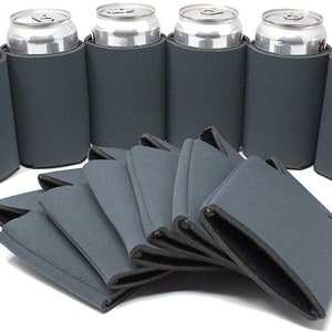 May include: A set of 10 gray neoprene can coolers. The coolers are designed to keep drinks cold and are perfect for parties, picnics, or tailgating.