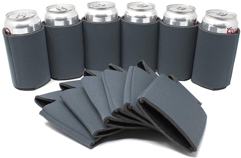 May include: A set of 10 gray neoprene can coolers. The coolers are designed to keep drinks cold and are perfect for parties, picnics, or tailgating.