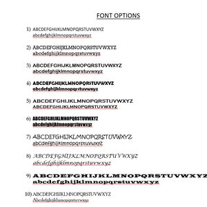 May include: A list of 10 font options, each with a sample of the uppercase and lowercase alphabet in the font. The fonts are numbered 1 through 10. The font options are presented in a black and white image.