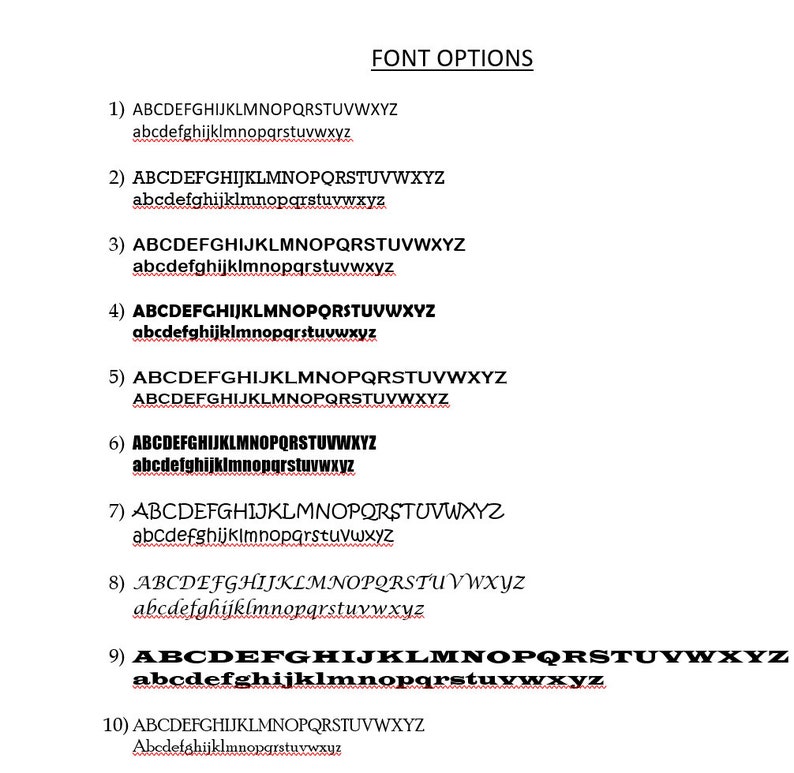 May include: A list of 10 font options, each with a sample of the uppercase and lowercase alphabet in the font. The fonts are numbered 1 through 10. The font options are presented in a black and white image.