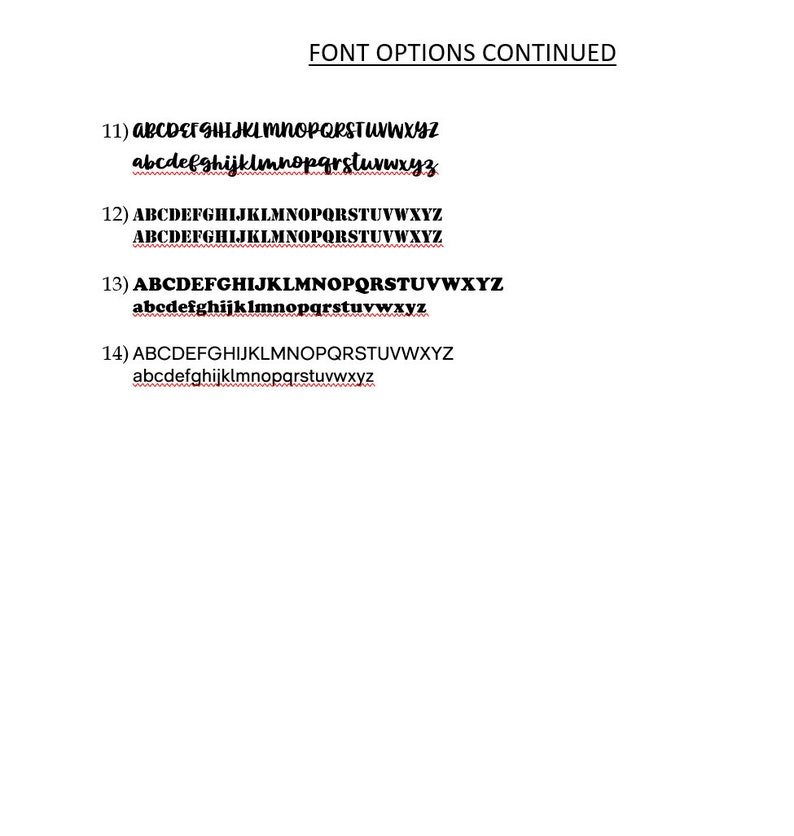 May include: A list of font options with different capitalization styles. The options are numbered 11 through 14. Each option shows the alphabet in uppercase and lowercase letters.