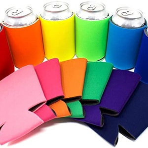 May include: A set of 10 colorful neoprene can coolers. The coolers are in various colors, including red, orange, yellow, green, blue, pink, purple, and black. The coolers are designed to fit standard-sized cans.