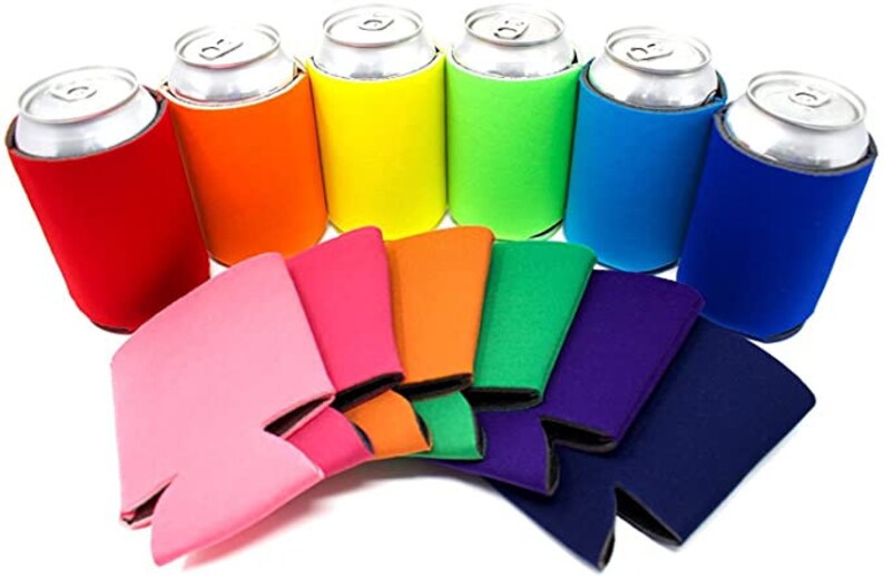 May include: A set of 10 colorful neoprene can coolers. The coolers are in various colors, including red, orange, yellow, green, blue, pink, purple, and black. The coolers are designed to fit standard-sized cans.