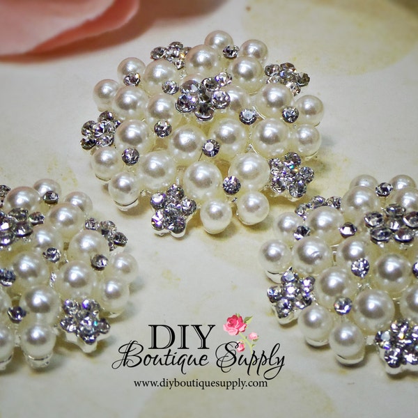 30mm Large Pearl buttons flatbacks Rhinestone buttons Crystal Buttons Big Pearl flower centers Bridal accessories 3pcs 751068