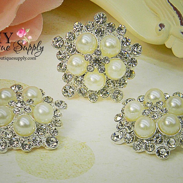 Large Pearl & Rhinestone buttons Metal Embellishment Headbands Bridal Supplies invitations bouquet flower centers 3 pcs 30mm 056057