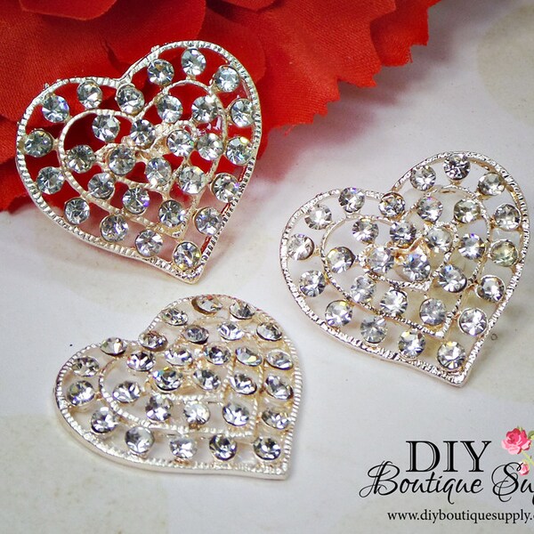 3pcs Large Heart Rhinestone buttons Flatback Crystal button Metal Embellishment Scrapbooking flower centers Hair Bow Centers 28mm N128-C