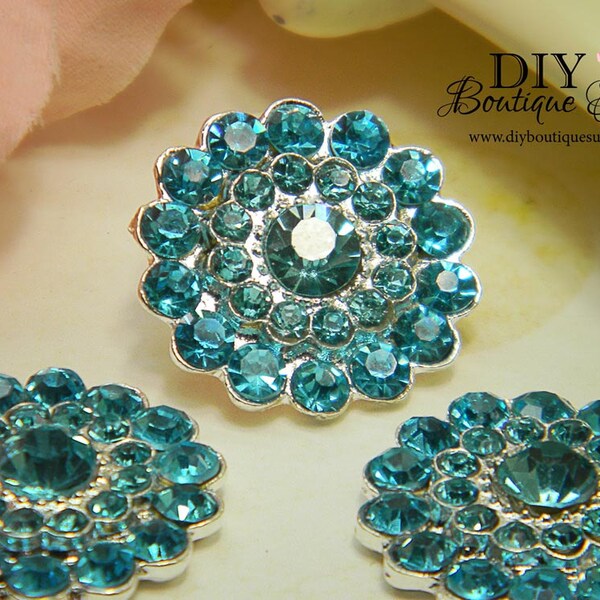 Blue Rhinestone buttons TURQUOISE - Flat Back Metal Embellishment - Scrapbooking Headband Supplies flower centers - 5 pcs 23mm 192050