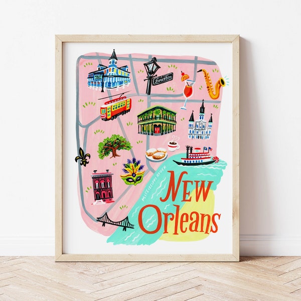 New Orleans Map Art Print. New Orleans Travel Poster. French Quarter Art Print. Louisiana Art Print. New Orleans Gift.