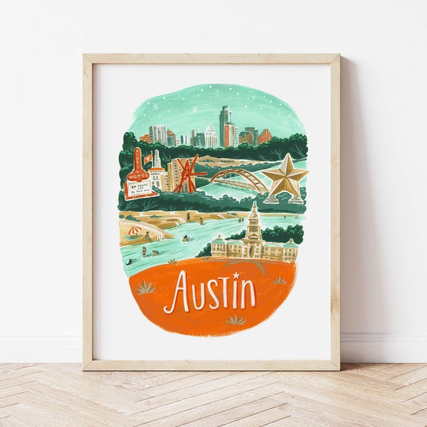 Austin Texas Art Print. Austin City Skyline Poster. Austin Travel Gift. Austin Map. Texas Map Print. Texas Gifts. Texas Decor Wall Art