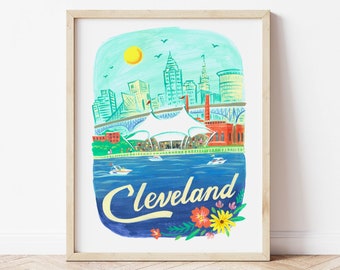 Cleveland Ohio Wall Art Print. Cleveland Skyline. Cleveland Ohio Painting Poster. Cleveland Ohio Sign. Cleveland Ohio Map. Travel Poster.