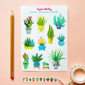 Simpatici adesivi per piante da appartamento di cactus in vasi da fiori blu per diario, scrapbooking, amante dei cactus e regalo per gli amanti delle piante