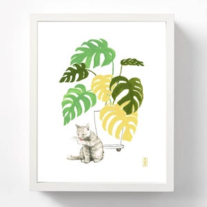 Cat With Monstera Print. Cat Plant Print. Monstera Print. Cat Decor. Cat Artwork. Cat Lover Gift. Plant Lover Gift. Cat Mom. Cat Lady Gift image 1