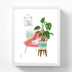 Cat Sleeping With Monstera Print. Cat Plant Print. Cat Art. Cat Artwork. Monstera Plant Print. Cat Lover Gift. Plant Lover Gift. Cat Mom