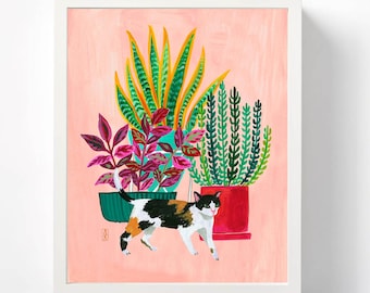 Calico Cat Wall Art | Plant Print | Cat Lover Gift | Colorful Wall Art | Plant Lover Gift