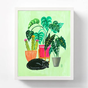 Black Cat Wall Art | Plant Print | Cat Lover Gift | Colorful Wall Art | Plant Lover Gift