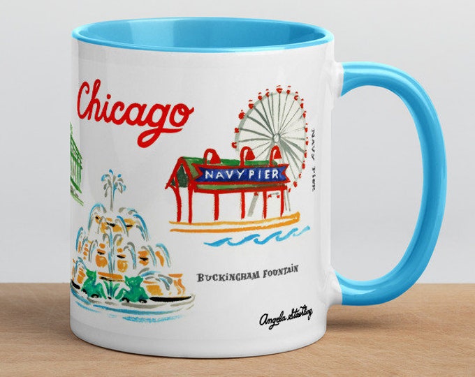 Chicago Mug. Chicago Coffee Mug. Chicago Skyline Print. Coffee Lover Gift. Chicago Travel Mug. Chicago Coffee Cup. Navy Pier. Travel Art