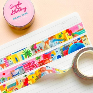 Taśma washi podróżna, taśma washi Santorini, naklejki do dziennika podróży, urocze pomysły na prezenty podróżne, taśma do scrapbookingu, taśma washi do dziennika