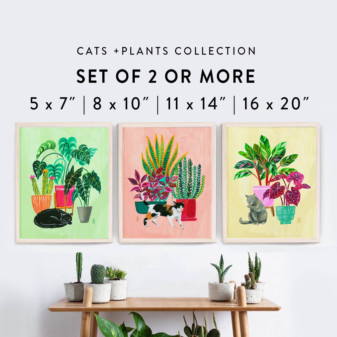 Set of Cat Art Prints. Cat Wall Art Decor. Cats and Plants. Etsy