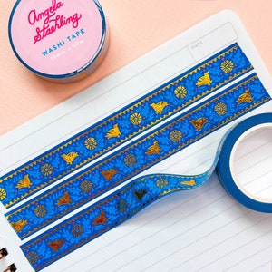 Blue Folk Pattern Washi Tape, Gold Foil Pattern Washi Tape, Blue Decorative Tape, Cute Masking Tape, Modern Scrapbooking Tape, Giftwrap