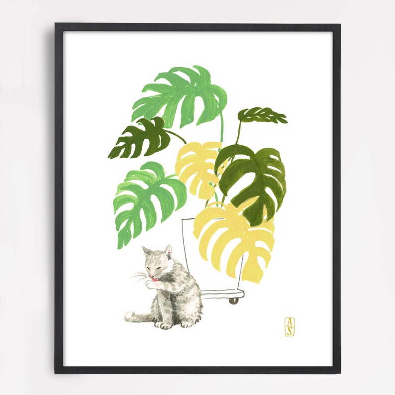 Cat With Monstera Print. Cat Plant Print. Monstera Print. Cat Decor. Cat Artwork. Cat Lover Gift. Plant Lover Gift. Cat Mom. Cat Lady Gift image 4