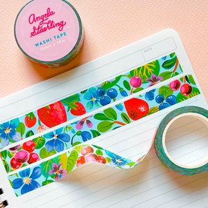 Berries + Flowers Washi Tape, Fruit Washi Tape, Floral Washi Tape, Strawberry Scrapbooking Tape, Journal Washi Tape