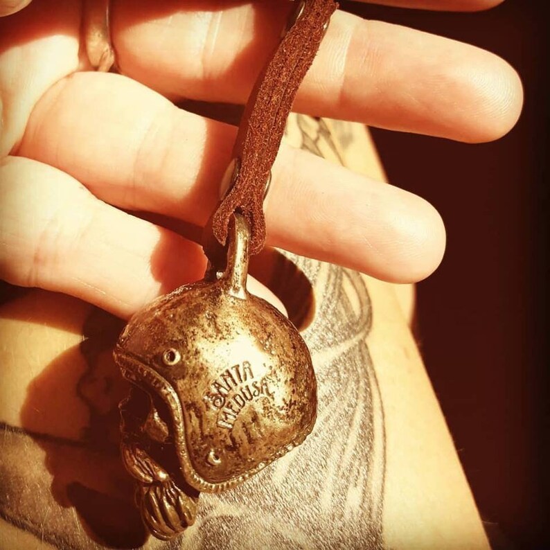 bearded biker skull key chain handmade in brass by santa medusa motorcycle Harley Davidson kustom kulture