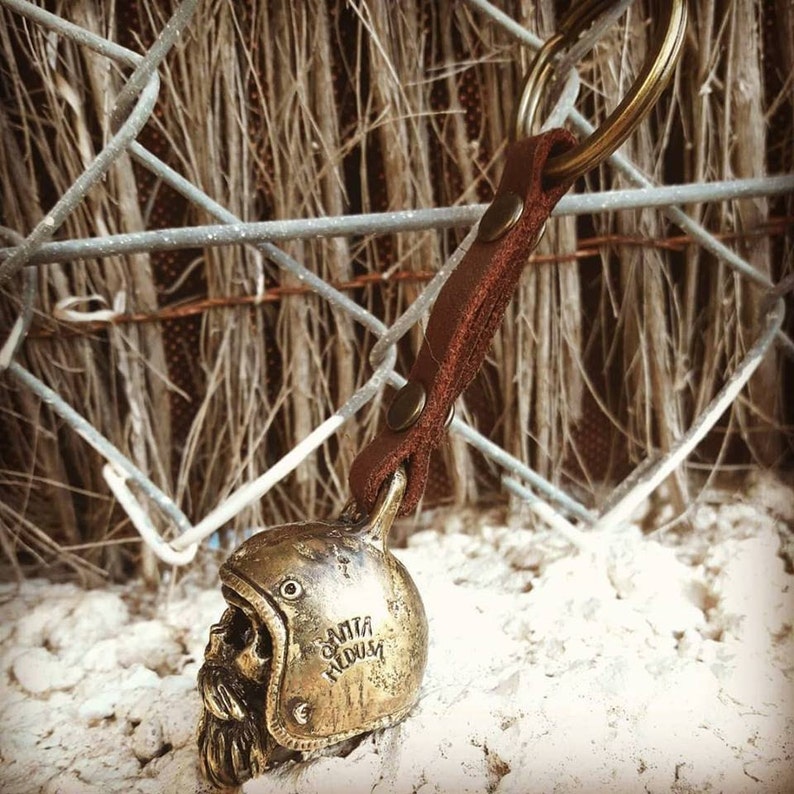 bearded biker skull key chain handmade in brass by santa medusa motorcycle Harley Davidson kustom kulture
