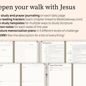 Deepen your walk with Jesus. This digital faith planner has Bible study and prayer journaling on each daily page. It has Bible reading trackers with chapters linked to Bible Gateway and Bible study templates for multiple ways to study Scripture. It also has Sermon notes templates for each week of the year. You even get Scripture memorization plans in 3 different levels of challenge. And there is much more. See the description for a list of everything included.
