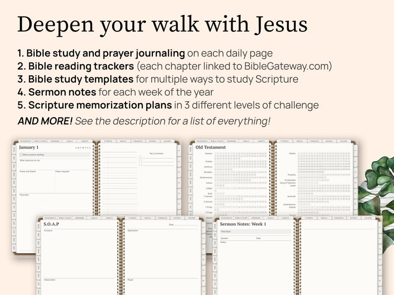 Deepen your walk with Jesus. This digital faith planner has Bible study and prayer journaling on each daily page. It has Bible reading trackers with chapters linked to Bible Gateway and Bible study templates for multiple ways to study Scripture. It also has Sermon notes templates for each week of the year. You even get Scripture memorization plans in 3 different levels of challenge. And there is much more. See the description for a list of everything included.