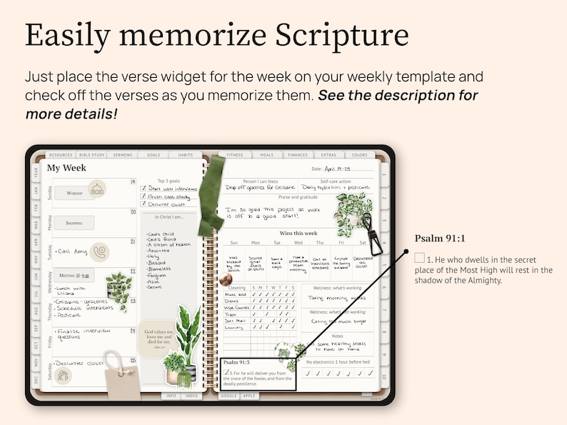 Easily memorize Scripture. Just place the verse widget for the week on your weekly template and check off the verses as you memorize them. See the description for more details.