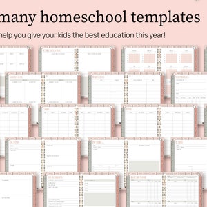So many homeschool templates. They will help you give your kids the best education this year. Templates shown include semester goals, reading log, volunteer log, grades, supplies, lesson plan, unit studies, transcript planner, loop schedule and more.