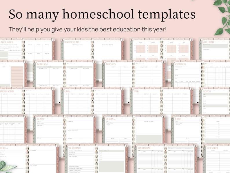 So many homeschool templates. They will help you give your kids the best education this year. Templates shown include semester goals, reading log, volunteer log, grades, supplies, lesson plan, unit studies, transcript planner, loop schedule and more.
