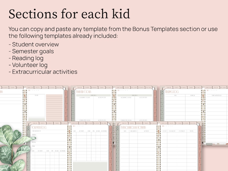 Sections for each kid. You can copy and paste any template from the bonus templates section or use the following templates already included. Student overview, semester goals, reading log, volunteer log, and extracurricular activities.