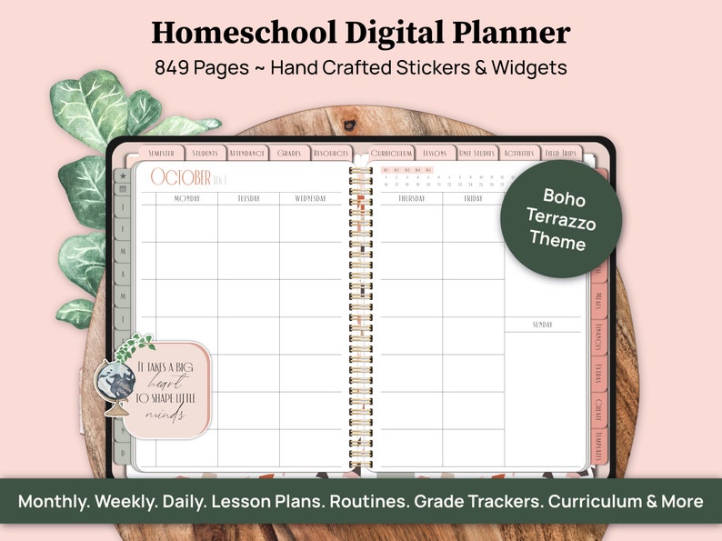 A digital homeschool planner is shown in an iPad opened to a weekly homeschooling schedule page. The planner has 820 pages and hand crafted stickers and planning widgets. With monthly, weekly, daily, lesson plans, routines, grade trackers, and more.
