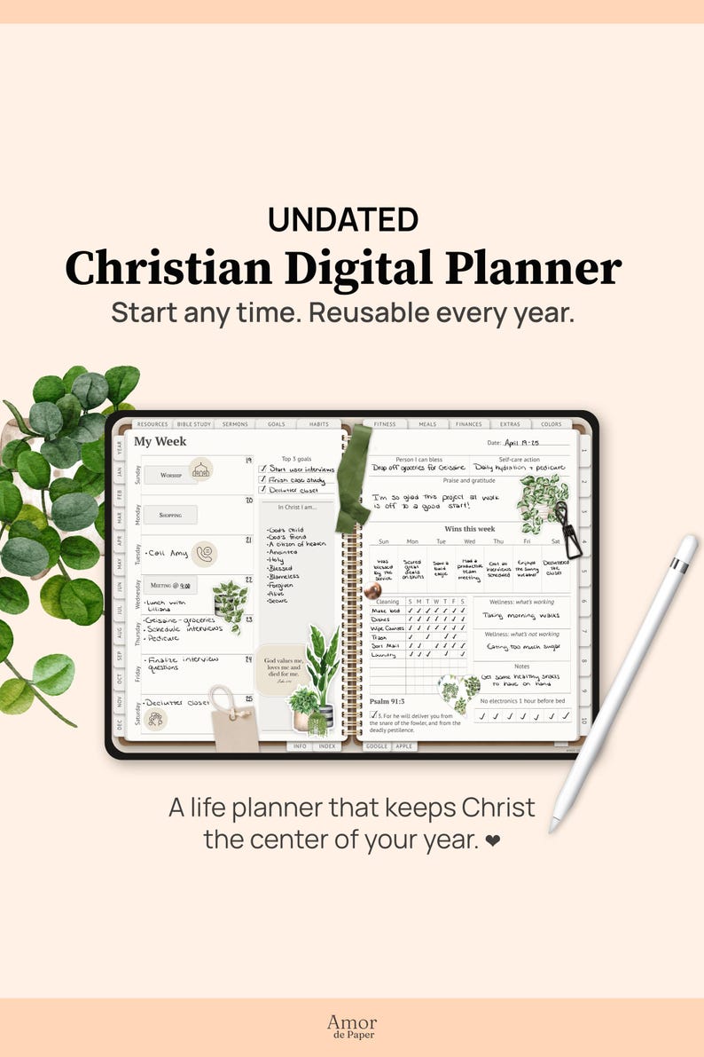 An undated Christian digital planner. You can start it any time and reuse every year. It has Bible study templates, daily prayer journaling space, life planner sections, and more. The daily and weekly pages have blank space for customization with the functional stickers and widgets that are included. It is professionally designed and easy to use. For use it on an iPad or Tablet with an app like Goodnotes, Penly, Noteshelf, Notability, Zoomnotes, etc.