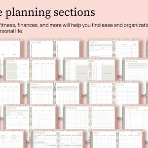 Life planning sections. Includes a meal planner, fitness tracker, finance templates, and more to help you find ease and organization in your personal life. Various templates from the life planning sections of the homeschool planner are shown.